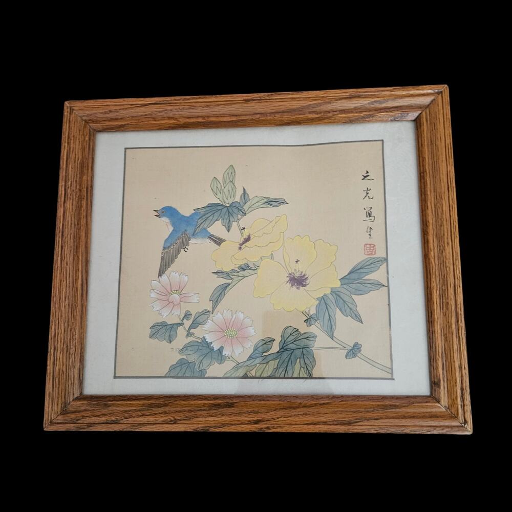 Asian Watercolor Silk Painting Bird Flowers Framed Signed Art